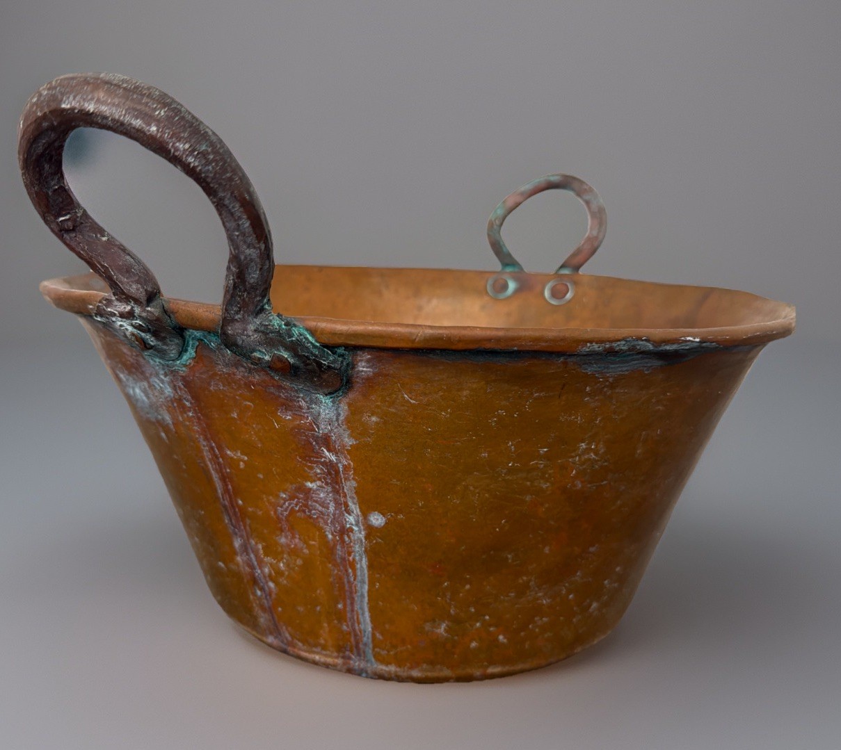 Vintage Hand-Forged Hammered Copper Cauldron Bowl w/ Handles Primitive Decor