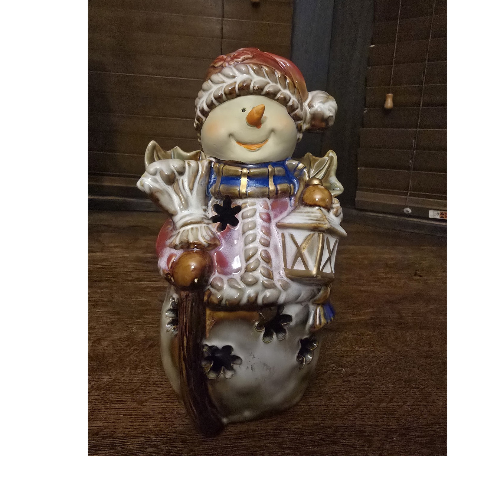 Snowman Figurine 8.5 in Ceramic Glazed Illuminated Lantern Tea Light Christmas