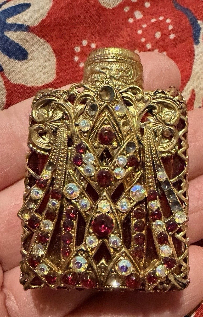 Vtg 50s~60s~Czech Ruby Red Jewelled Perfume Bottle 2 1/4” Tall W/ Dipper HTF