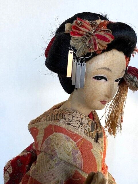 Vintage Japanese Geisha Doll In Traditional Kimono, Hand Made on Wood Base 18″