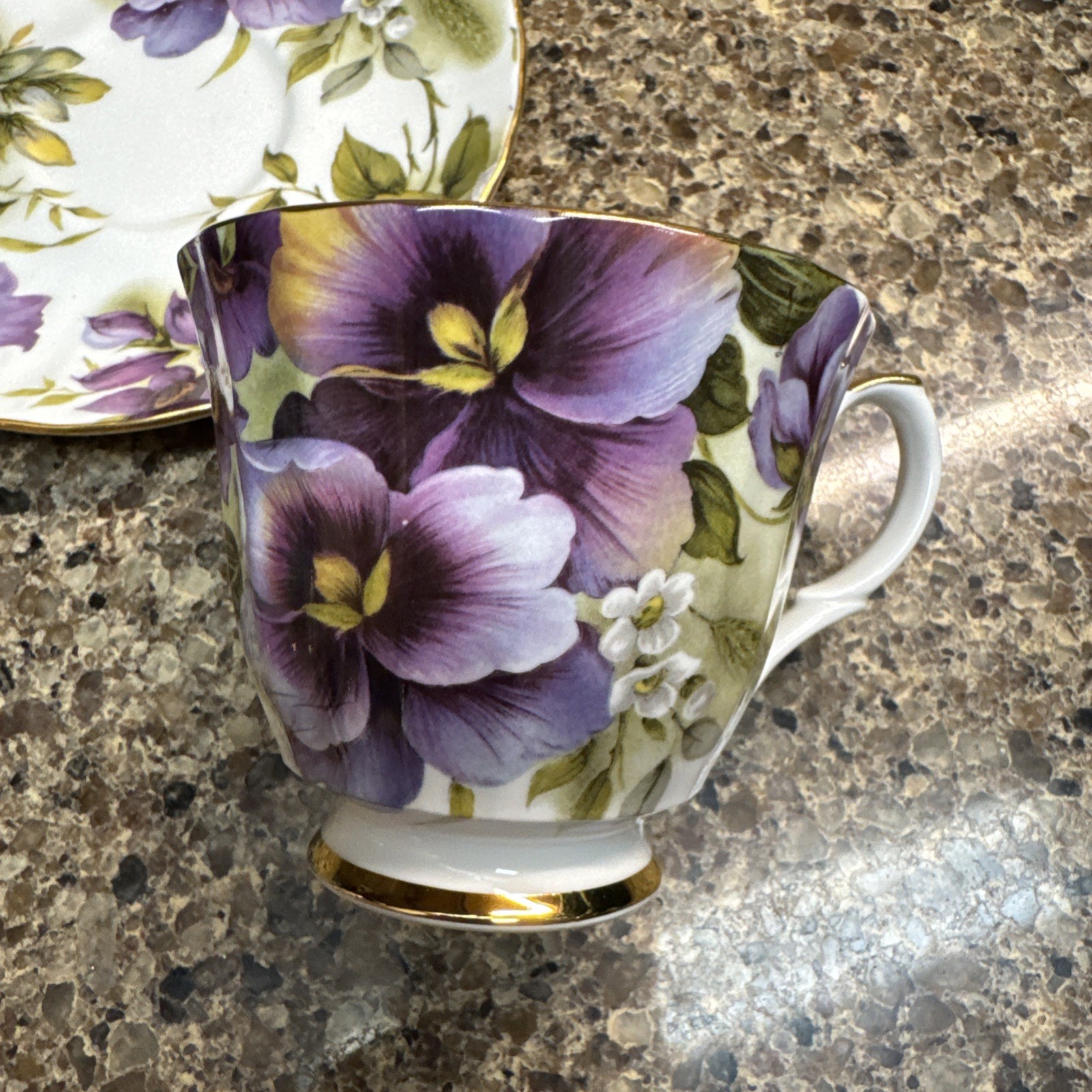 Duchess Bone China England Pansies Footed Tea Cup & Saucer Gold Trim MINT