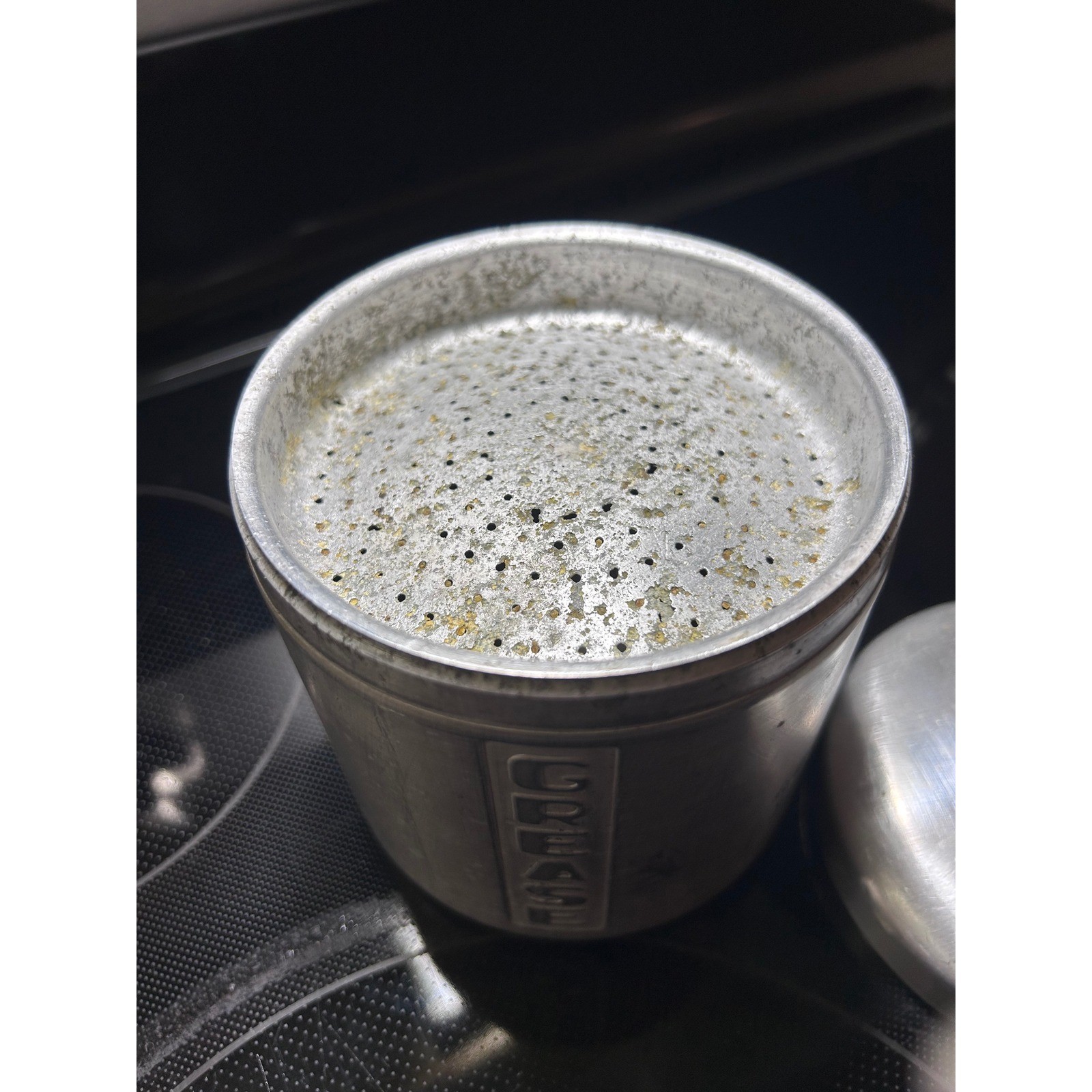 Vintage Aluminum Grease Canister with Strainer and Lid Mid-Century Modern 4.5in