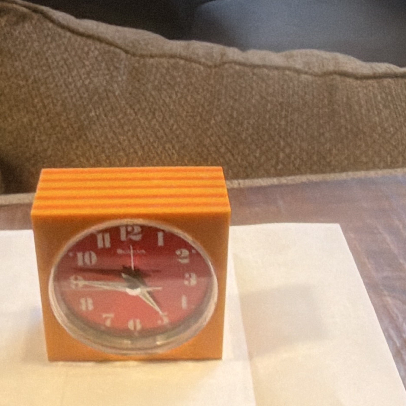 Bulova Square Analog Desk Clock, Orange Plastic Frame, Red Face, Arabic