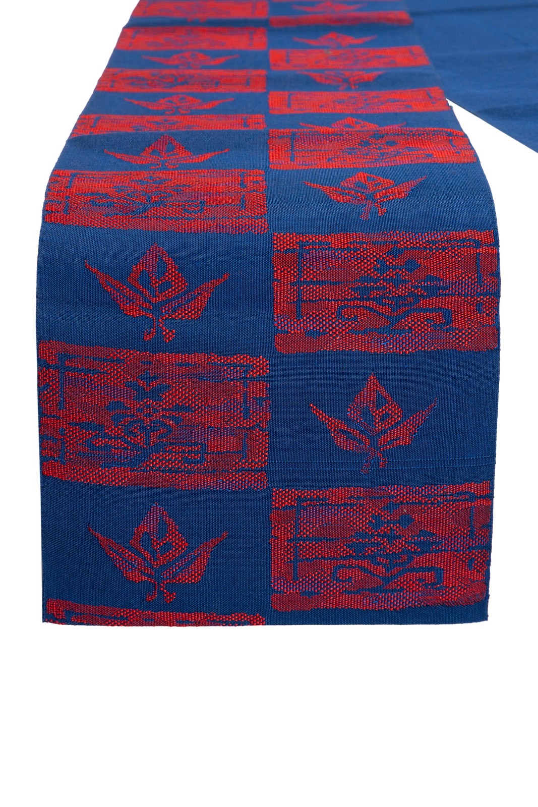 Vintage Japanese Silk Obi Table Runner, Blue Woven Centerpiece with Red Ornament