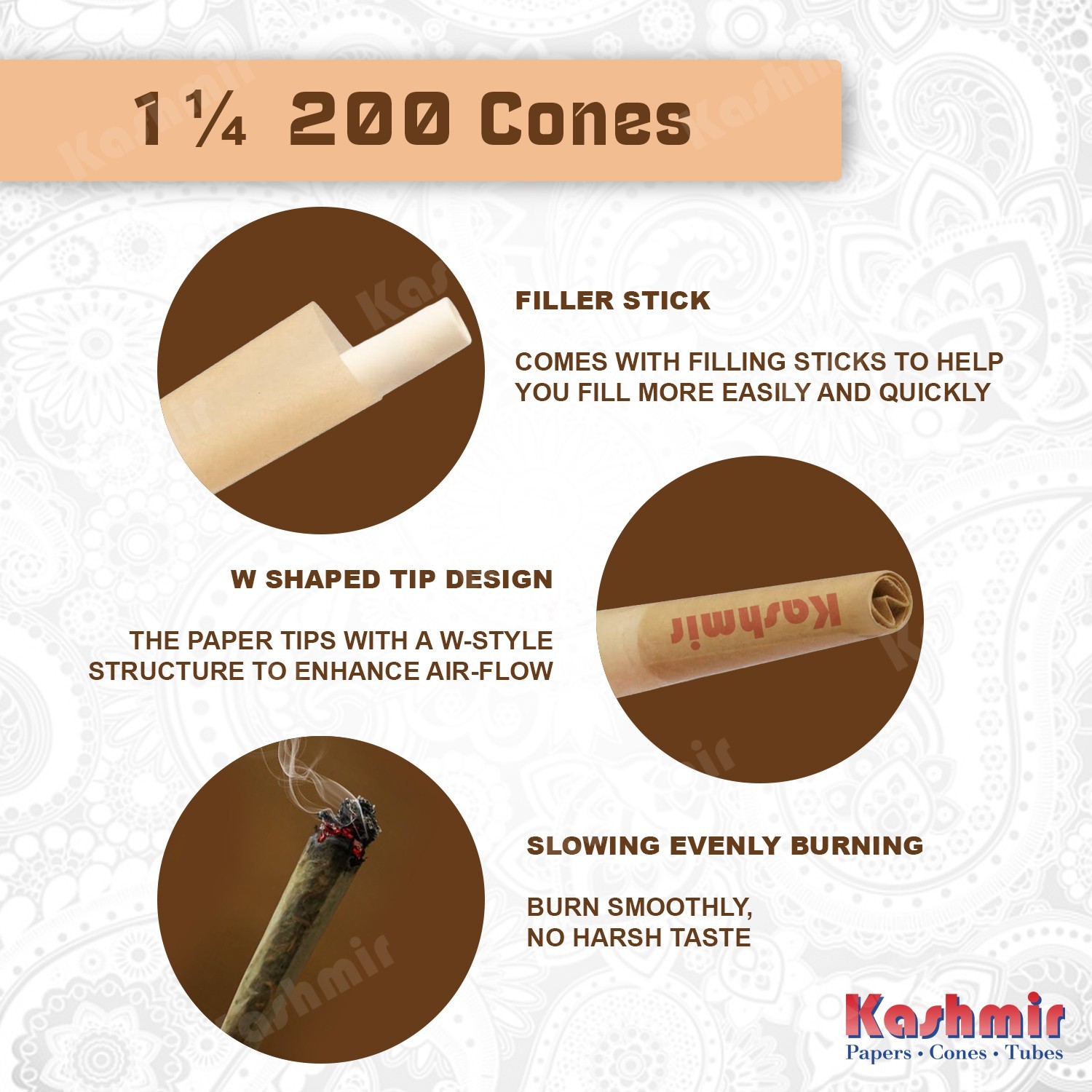 Pre Rolled Cones 200 Count 1 1/4 Size Organic Rolling Paper Cones by Kashmir