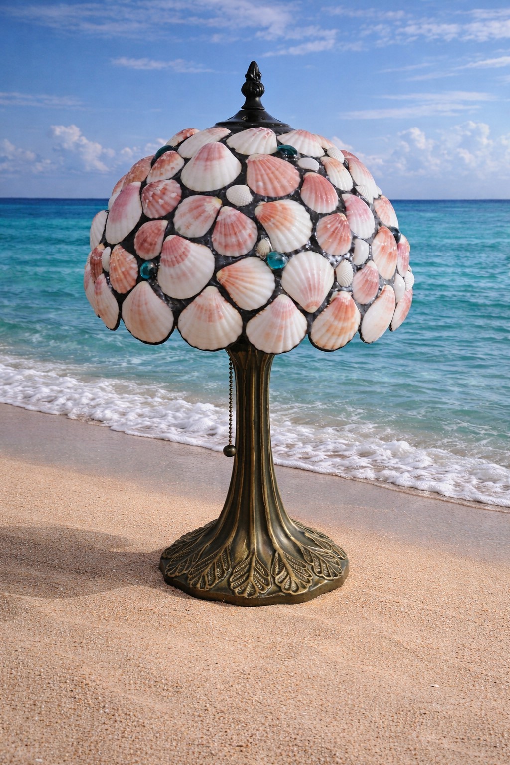 Tiffany Style Seashell Lamp with Pink Scallops Accent Desk Table Lamp