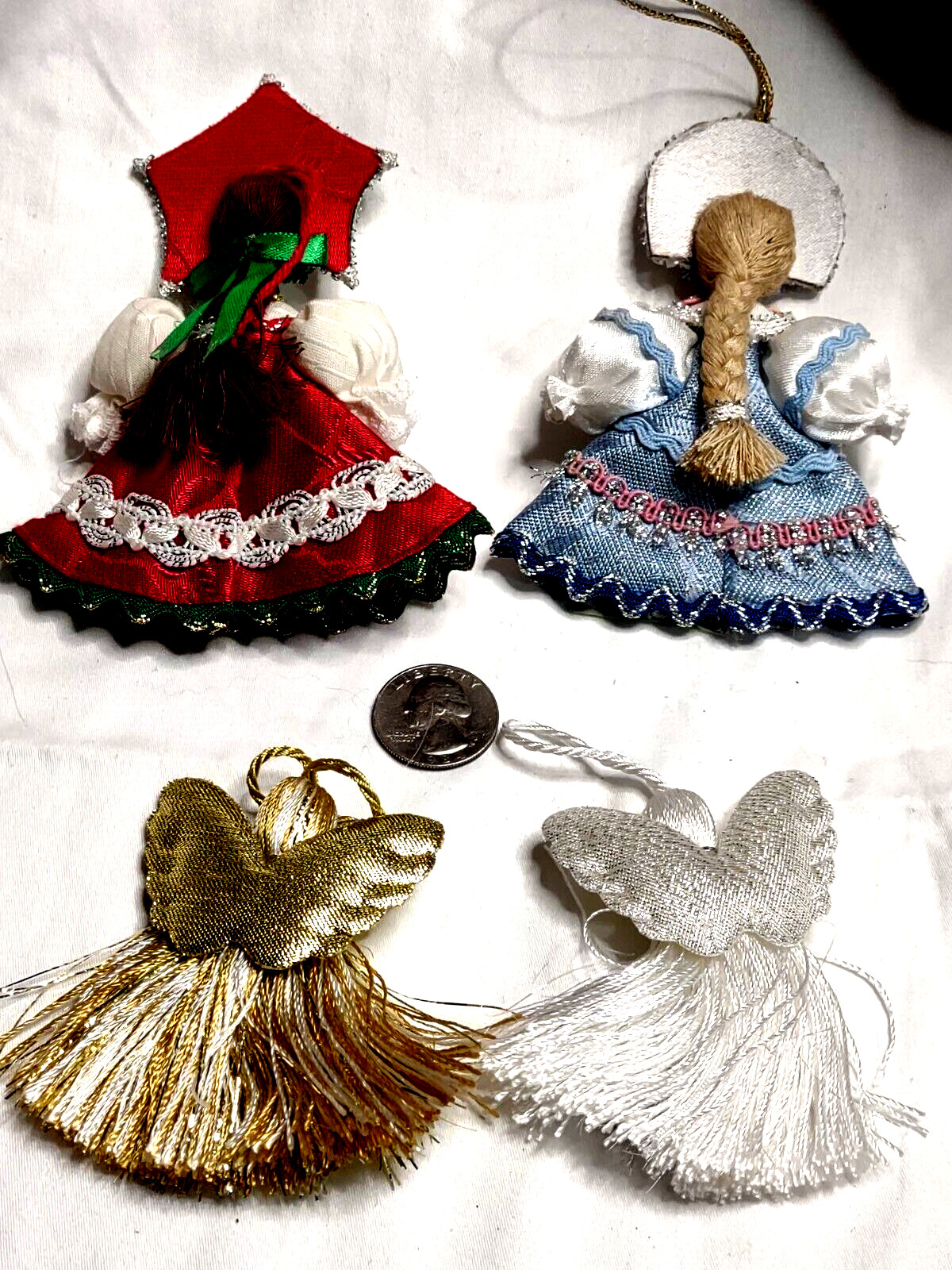4 VTG Xmas Ornaments Girls & Angels Lot Tassels National Costumes Cloth Glitter