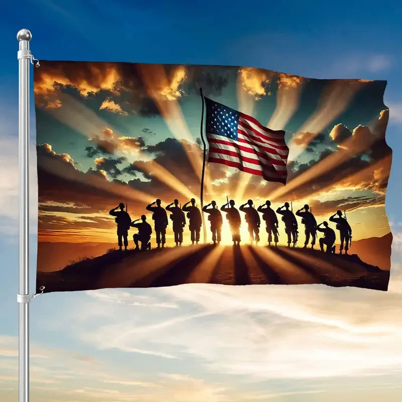 NEW 3×5 USA Patriotic Poly Flag. Veteran Soldiers. Sunset Silhouette Banner Flag