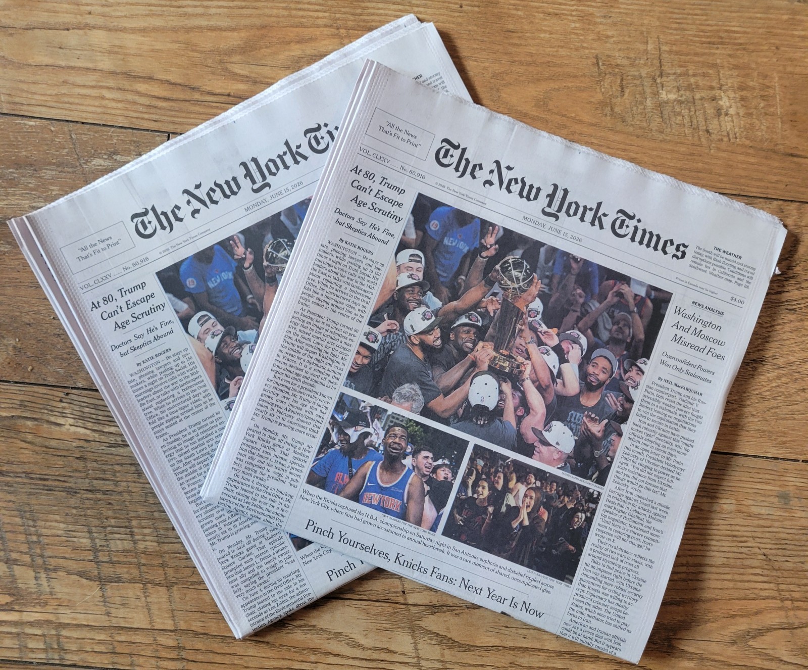 New York Times Newspaper June 15 2026 Collectible NY Knicks NBA Champions Game 5