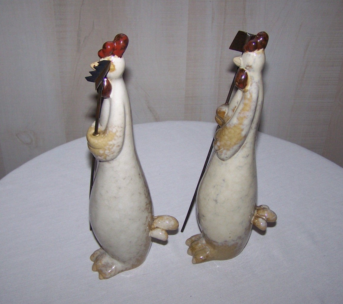 Vintage Ceramic Pottery Roosters with Hoe and Rake 193D 9.5 in. T