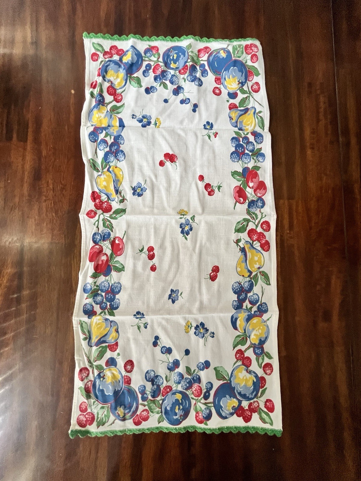 Vintage Show Towel/Kitchen Towel Small Table Runner Crocheted Edges Fruit Teapot