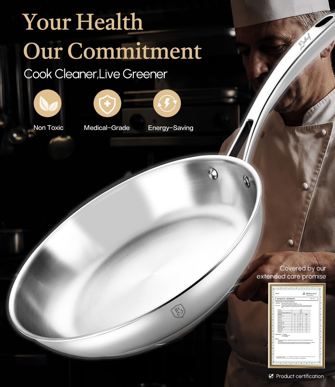 8 Inch Stainless Steel Pan, 5-ply Clad Base 800℉ Safe Frying Pans For Even