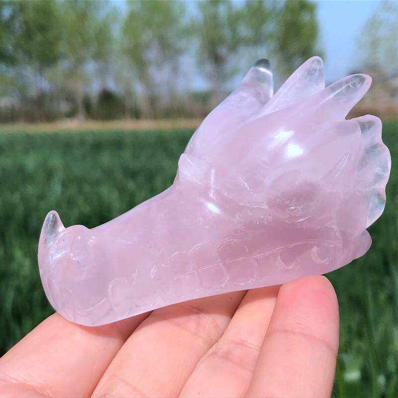 0.33LB Natural pink crystal Quartz hand Carved dragonskull crystal Reiki healing