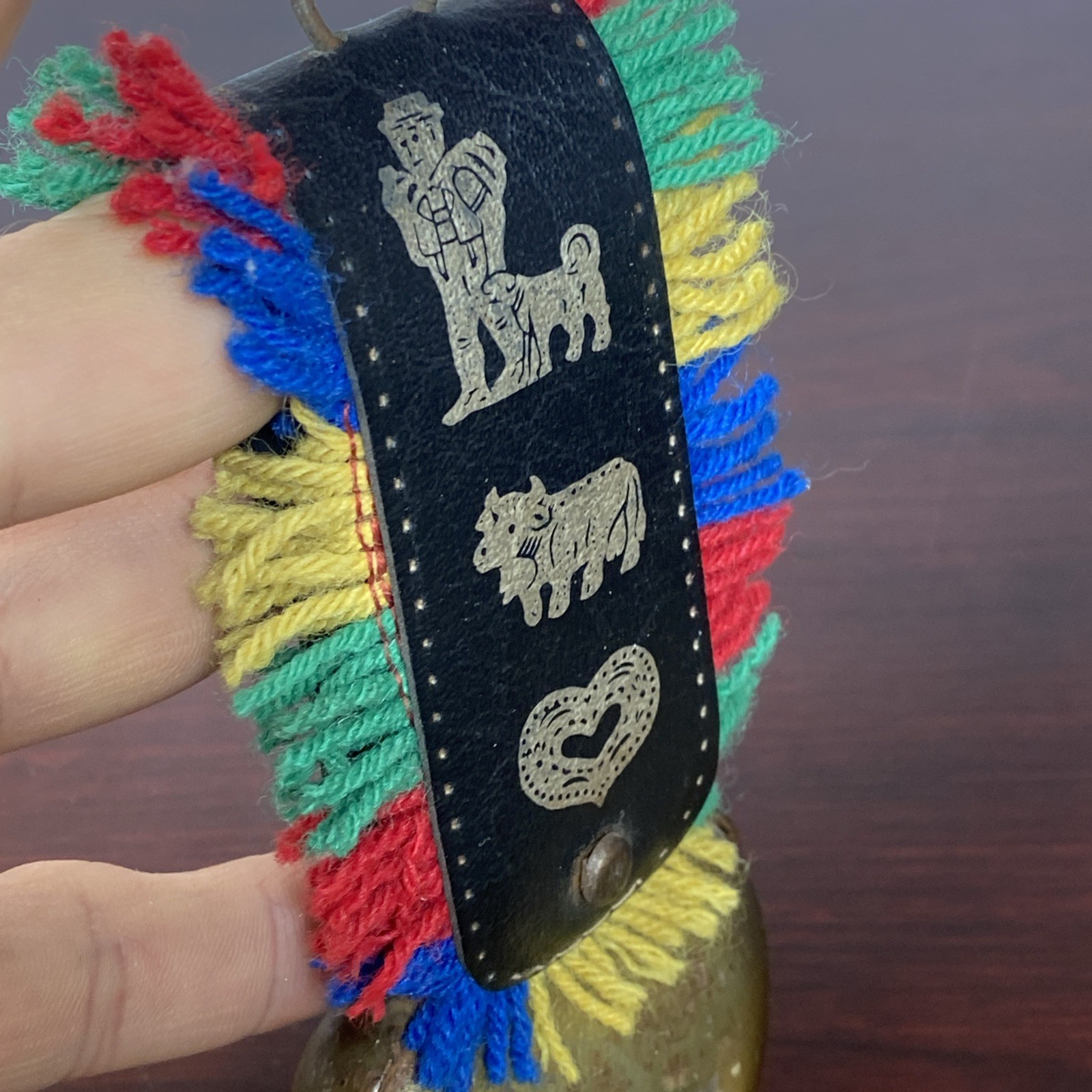 Brass Swiss Cow Bell Multi Color Fringed Leather Strap Vtg 6” Cottage Landscape