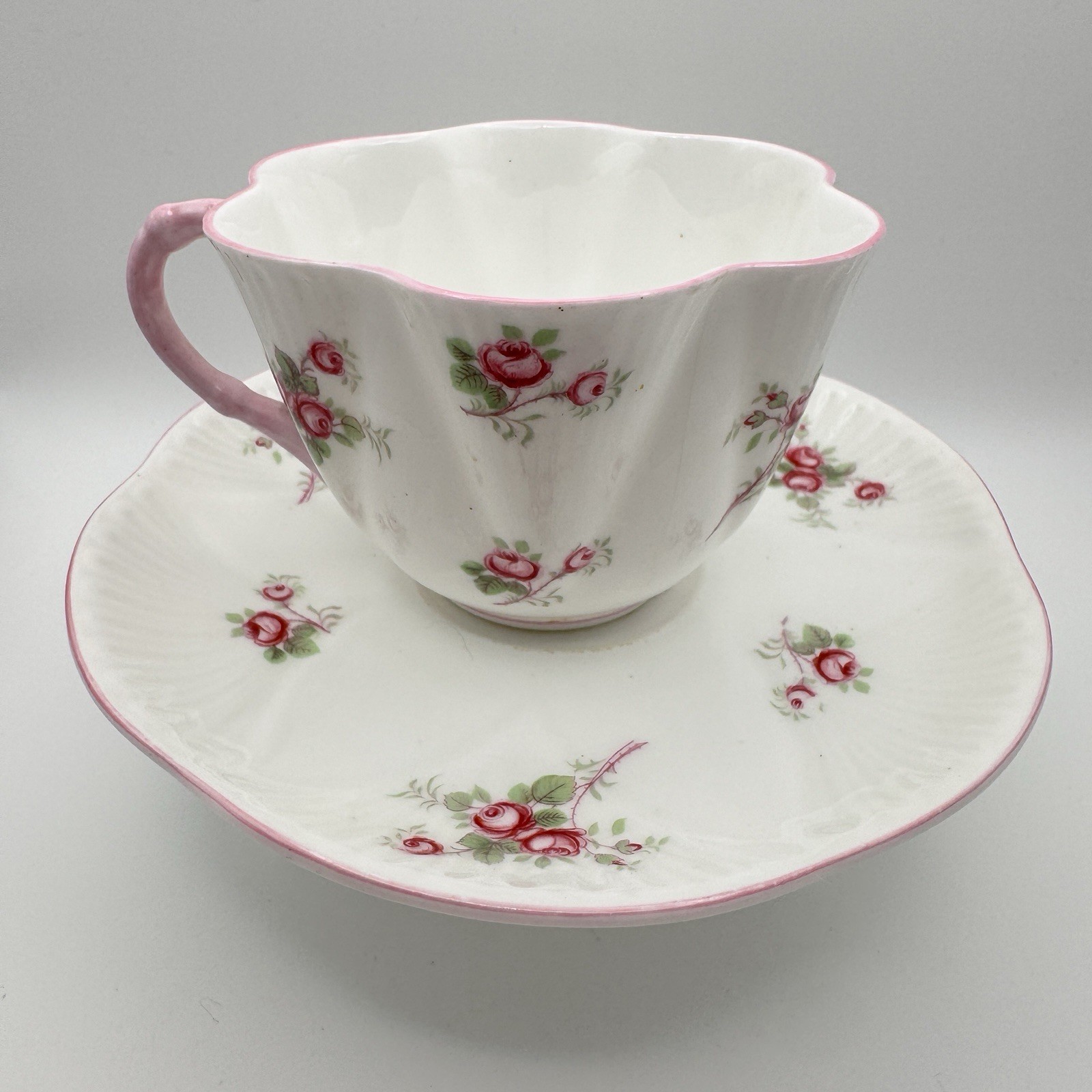 Shelley England Fine Bone China Tea Cup & Saucer White Pink Floral Bridal Rose
