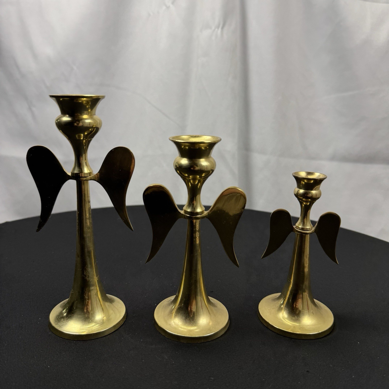 Vintage Solid Brass Candle Stick Holders Graduated Angels Wings Set Of 3 India