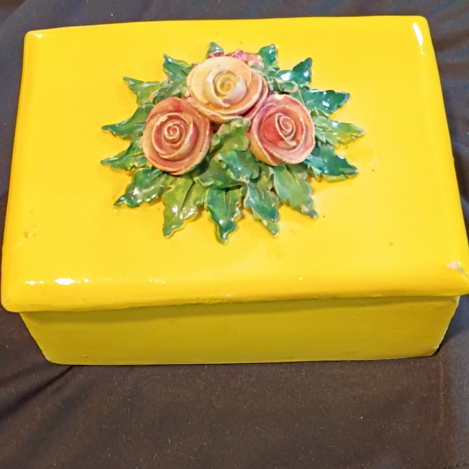 Yellow Ceramic Lidded Trinket Box Floral Roses Top, Marked Italy