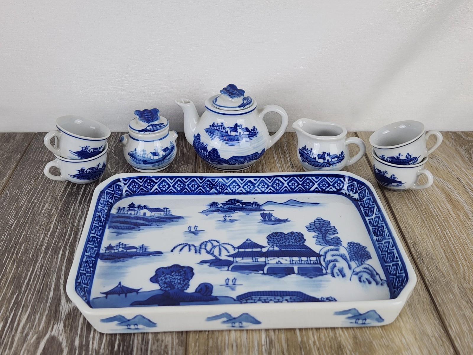 Vintage Mini Chinese Blue Canton Tea Set Blue White Chinoiserie Child’s Tea Set