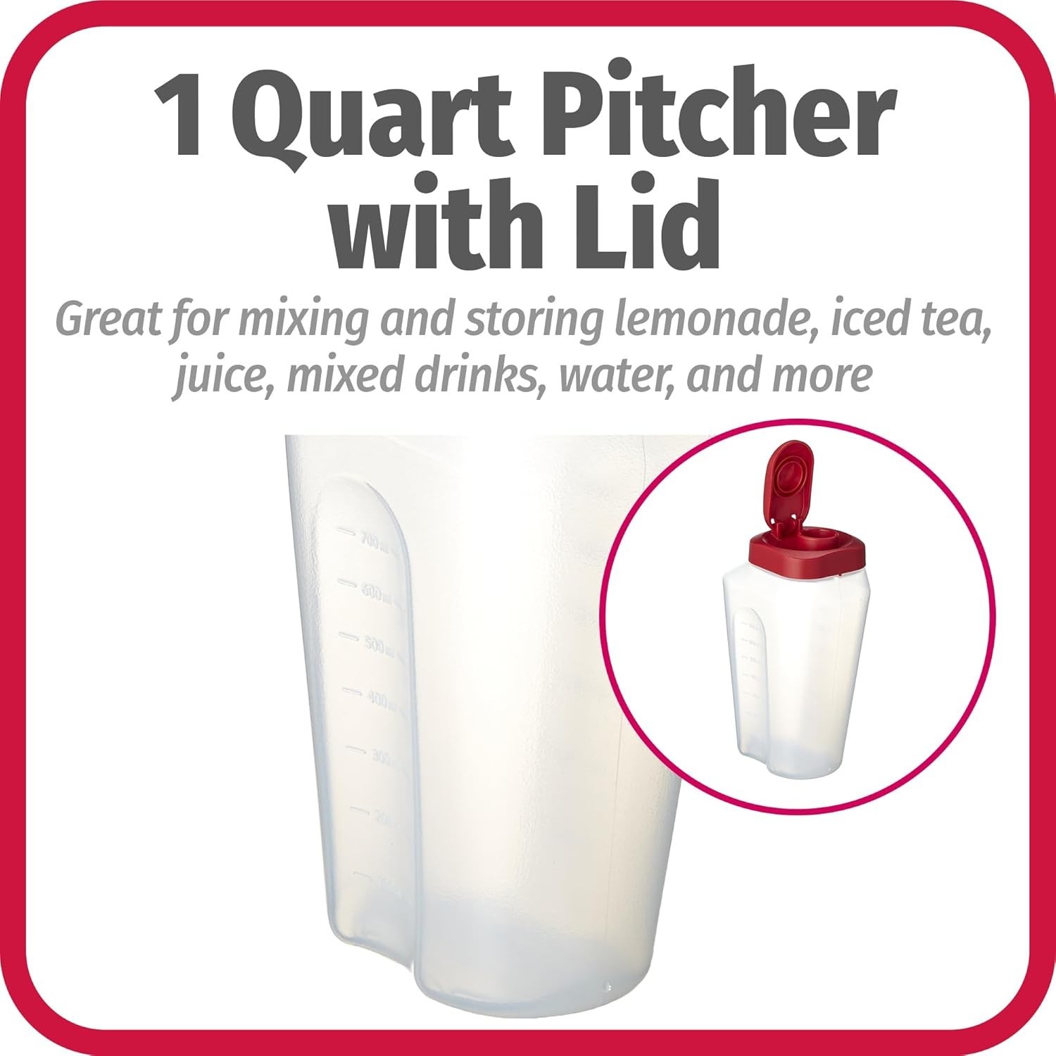 Durable BPA-Free 1 Quart Easy-Pour Pitcher with Measurement Markings & Snap Lid