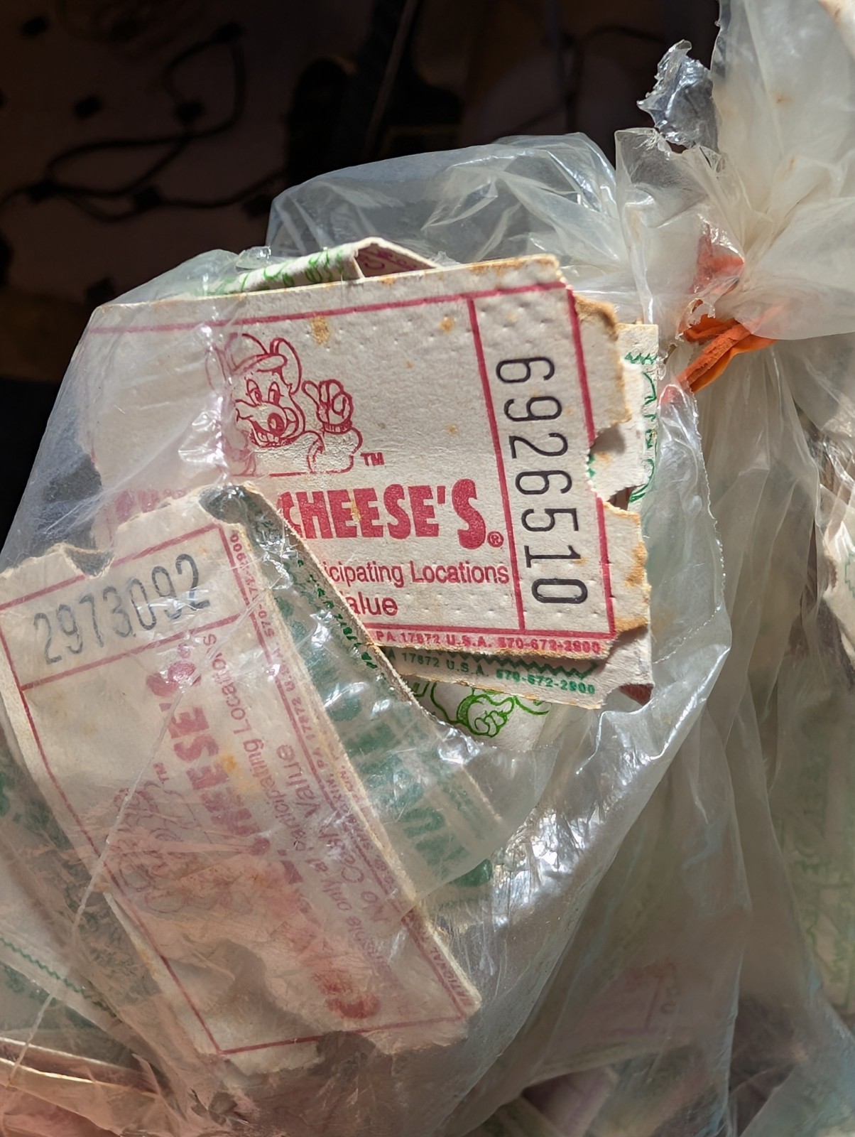 Huge 90s Vintage Chuck E Cheese Lot of Game Tickets Bag Full Plus Notepad & Bag