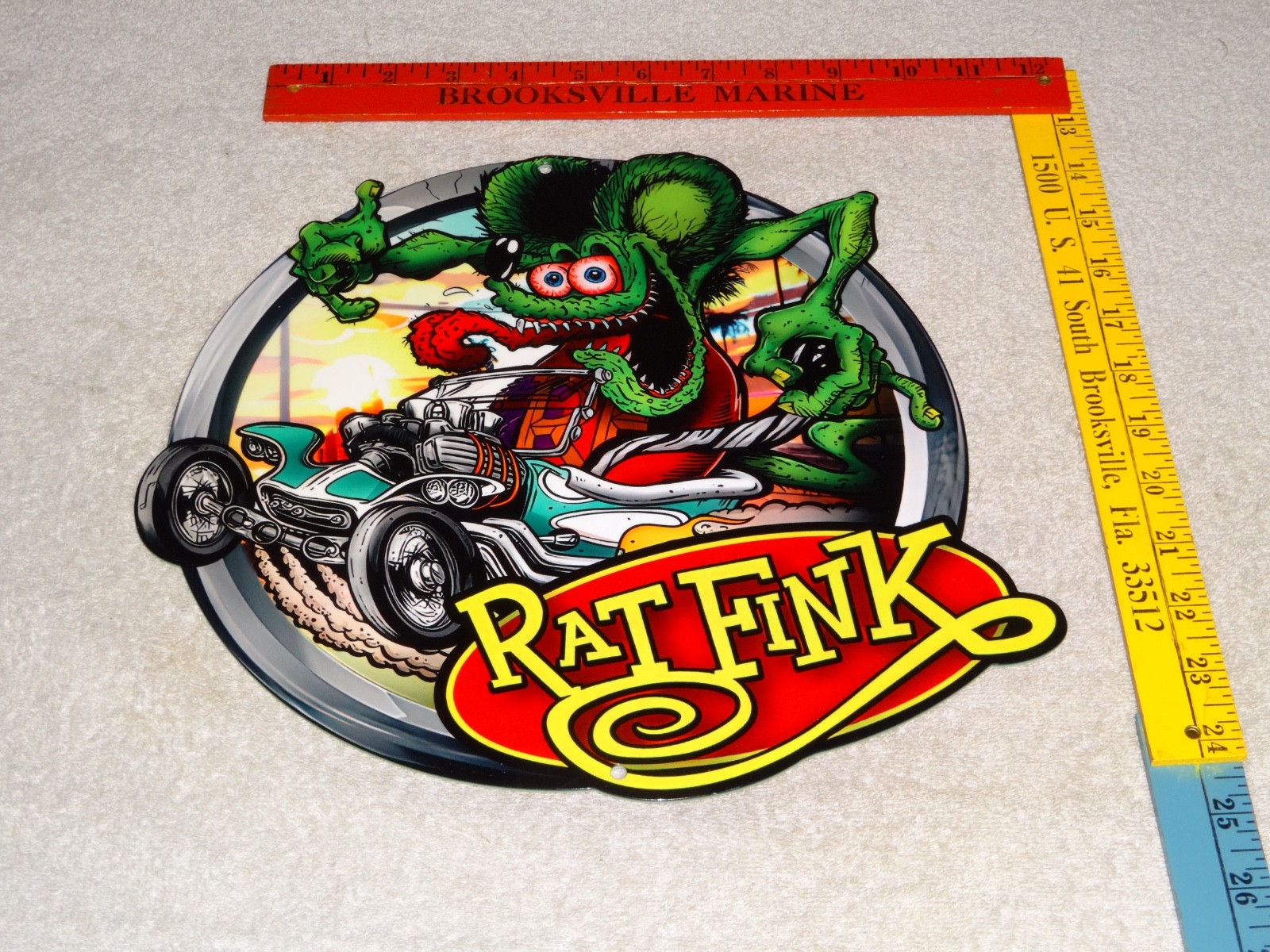 VINTAGE RATFINK DRIVES CUSTOM ROADSTER HOT ROD METAL GASOLINE OIL RAT FINK SIGN!