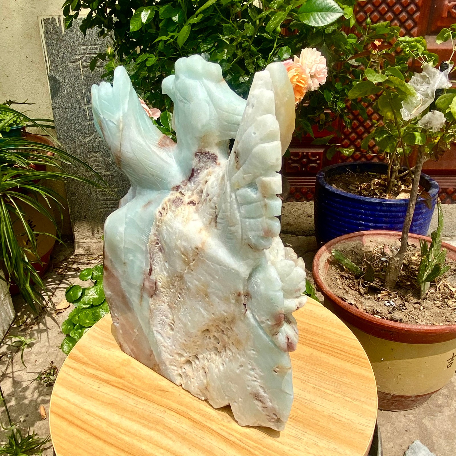 6.61LB Natural blue patterned carved phoenix ornament
