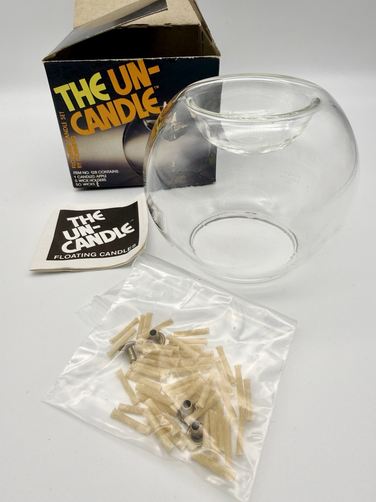 Vtg THE UN-CANDLE Vegetable Oil Fuel #128 Apple Pyrex Brand Corning Glass