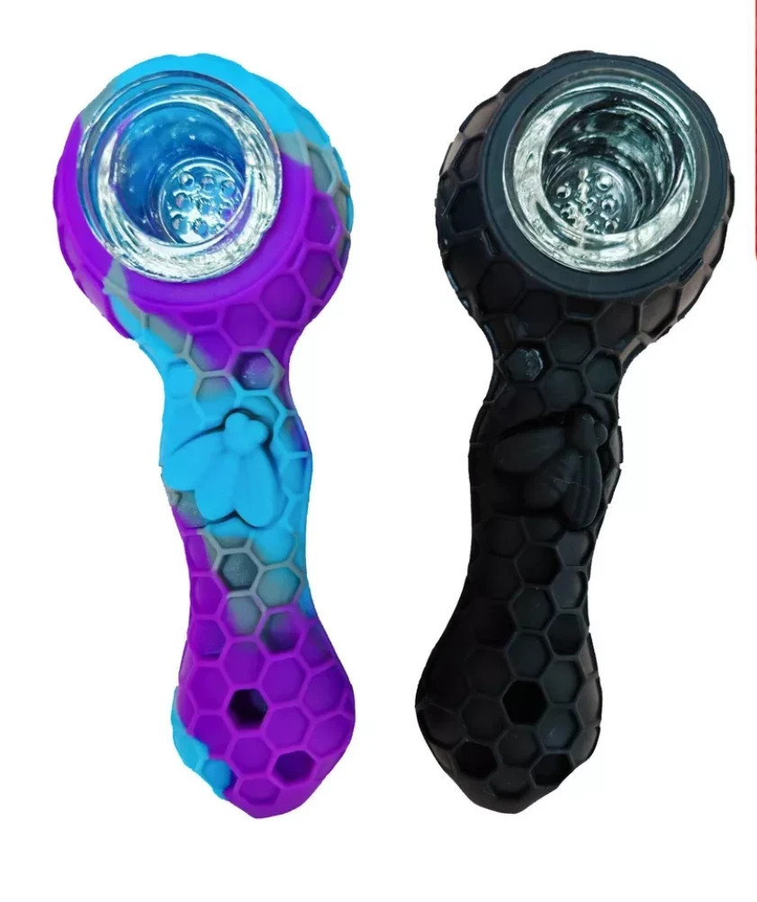 2pc Silicone Smoking Pipe 4.3″ Honeycomb Bee Tobacco Hand Pipes Glass Bowl Tool