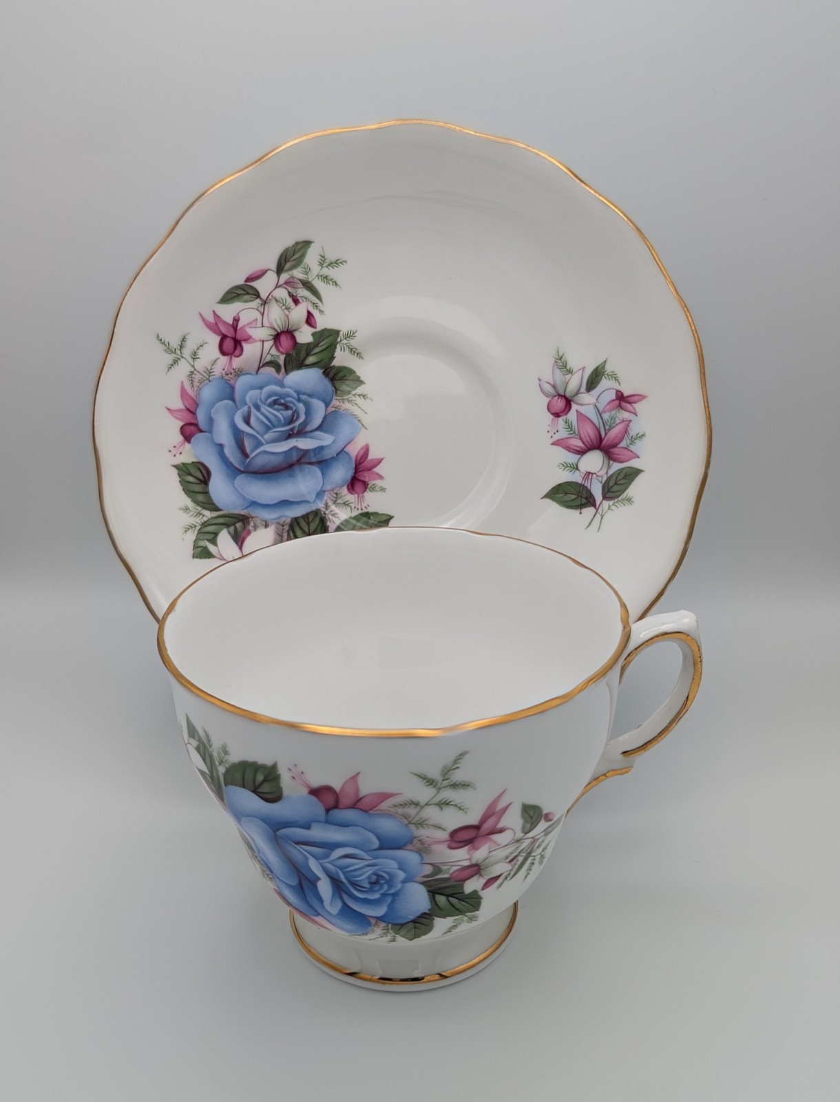 Vintage Royal Vale Blue Rose, Fuchsia Bud Bone China Teacup & Saucer Set England