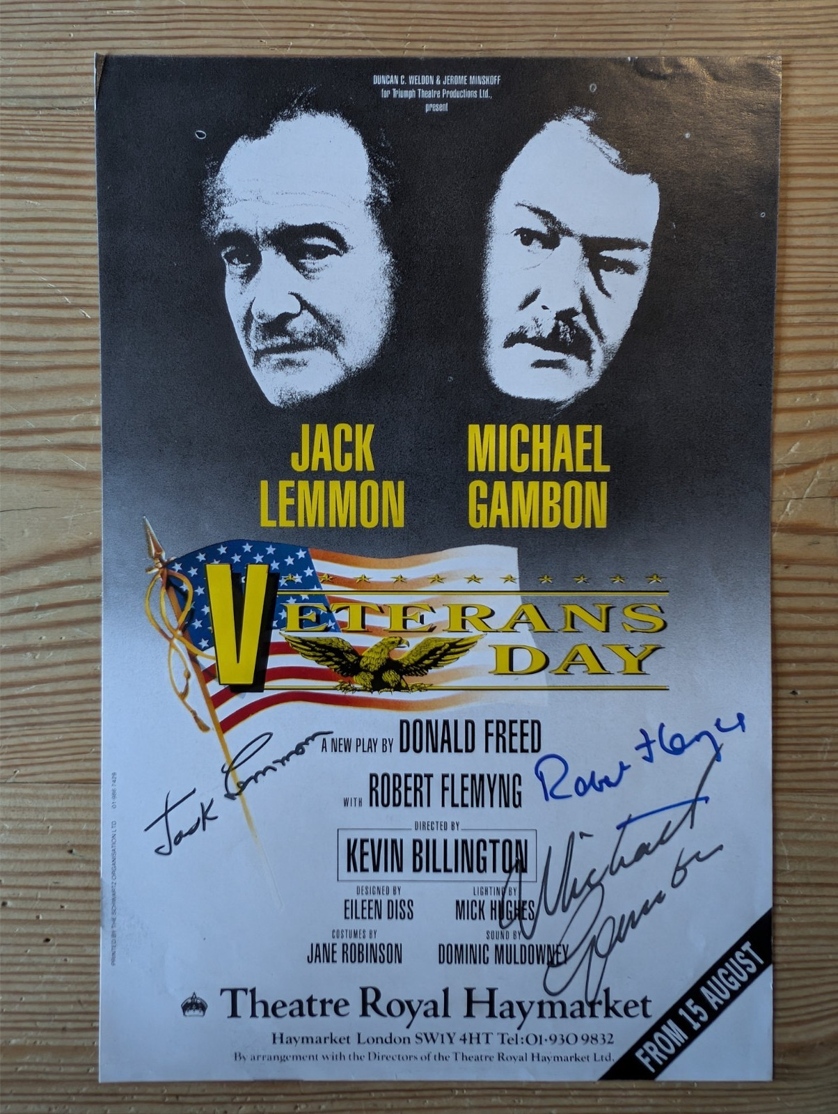 Vintage signed Veterans Day theatre leaflet. Jack Lemmon, Michael Gambon.