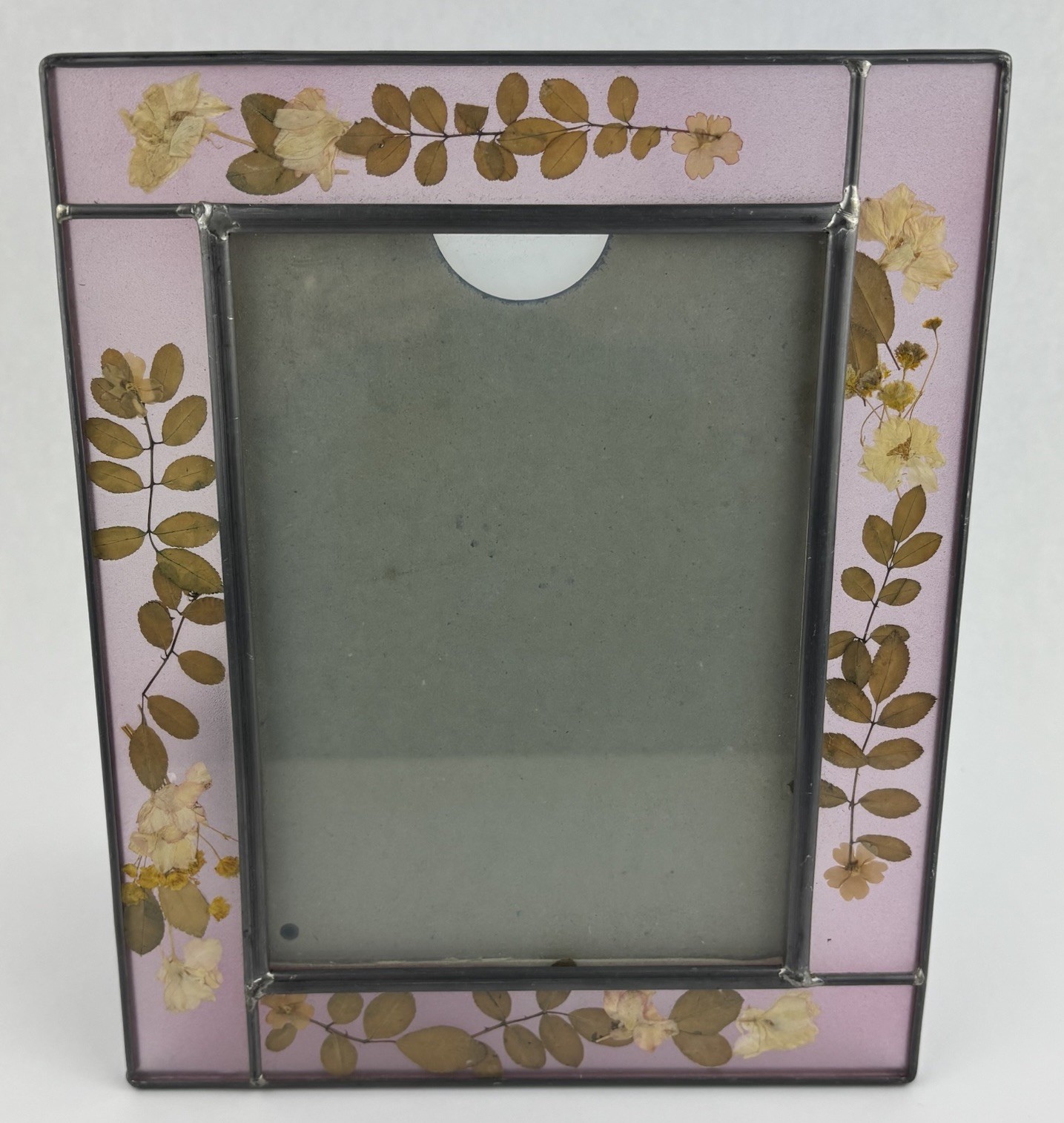Leaded Glass Picture Frame With Dried Flowers 9.5×7.5 Holds 5×7 Photo Pink Purpl
