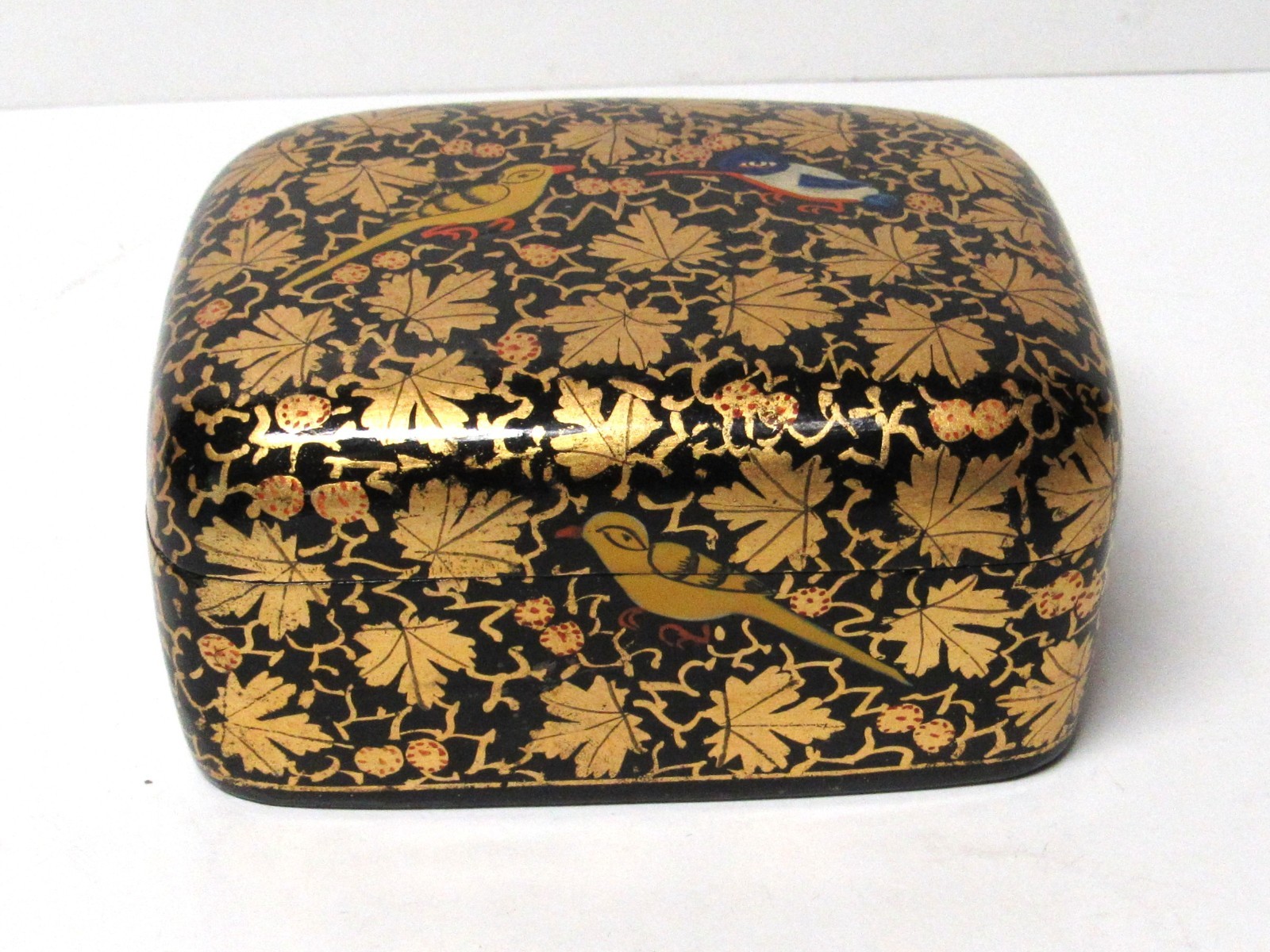 Vintage Kashmir Hand Painted Lacquer Paper Mache Bird in Tree Trinket Box