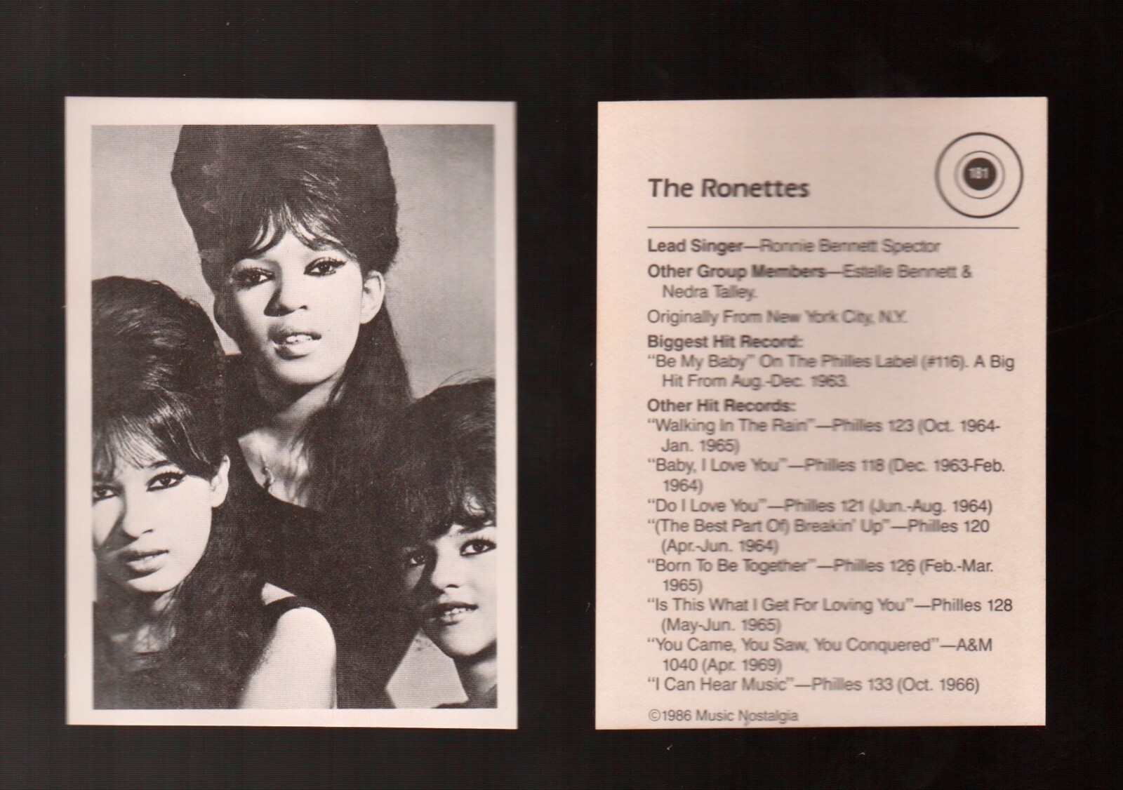 The Ronettes 1986 Music Nostalgia Trading Card #181 NM-MT)