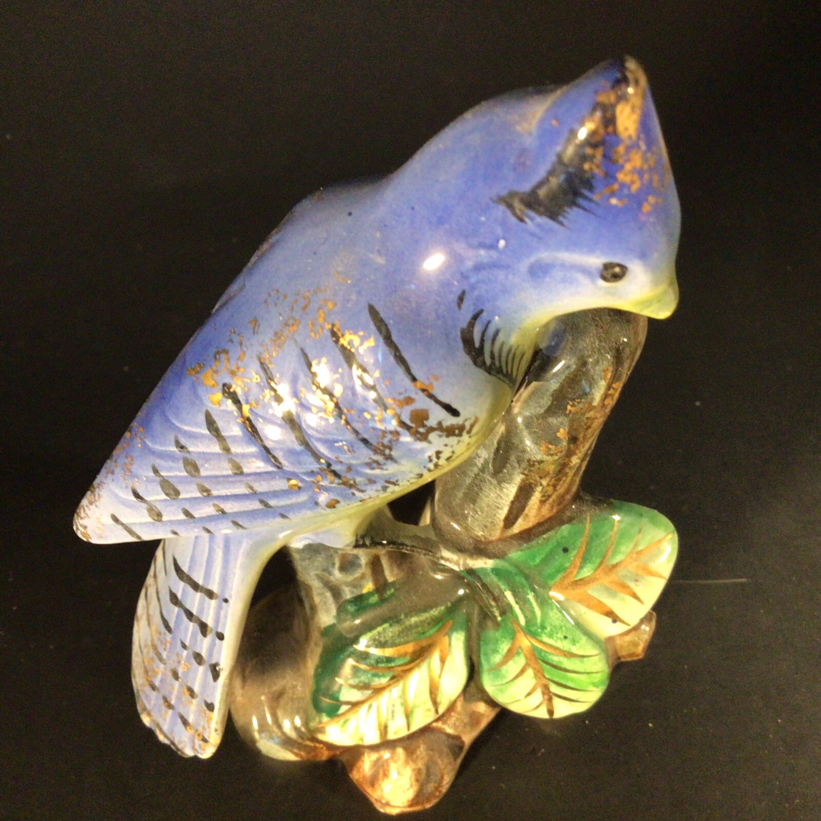 BLUE JAY FIGURINE PORCELAIN WITH BRUSHED GOLD ACCENT HIGH GLOSS VINTAGE JAPAN