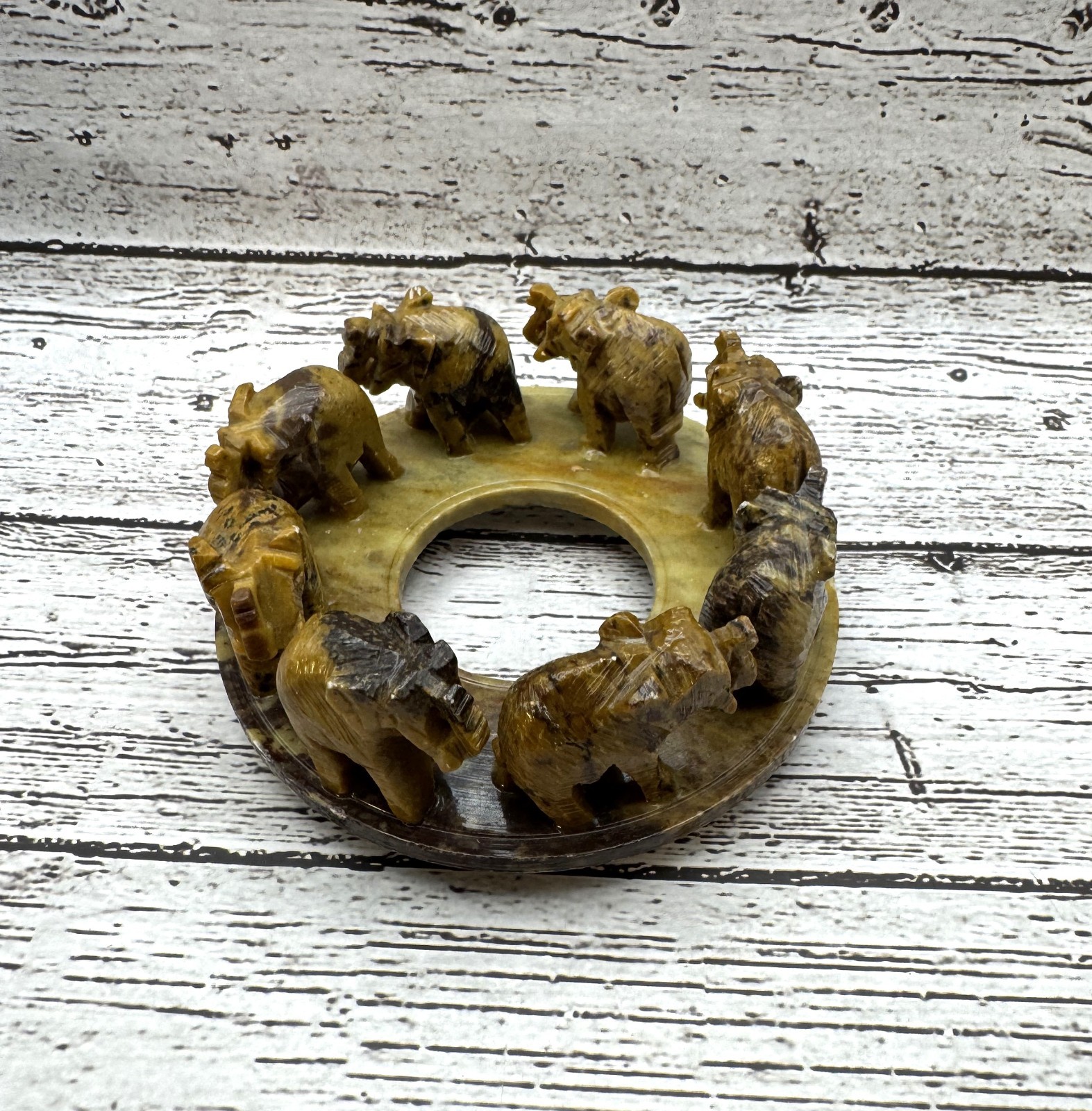 Eight Elephants in a Ring India Hand-Carved Natural Stone Vintage Lucky Charm