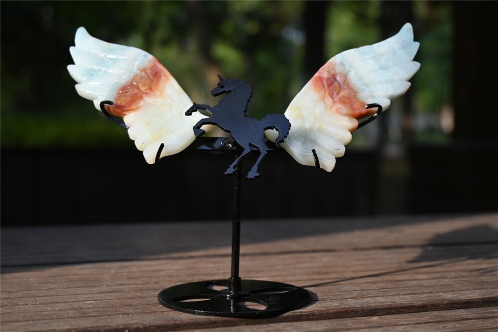 0.33LB Natural Amazon Jasper Wings Quartz Carved Crystal Skull Decoration +Stand