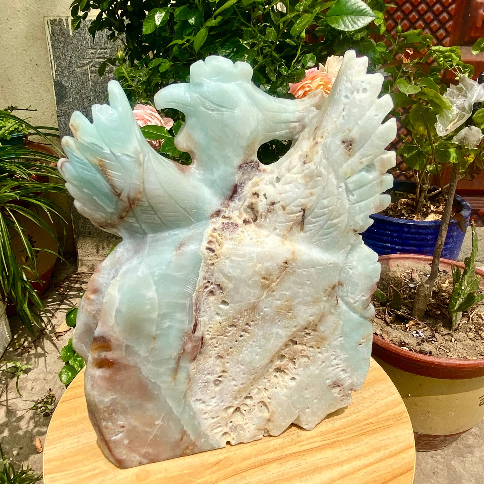6.61LB Natural blue patterned carved phoenix ornament
