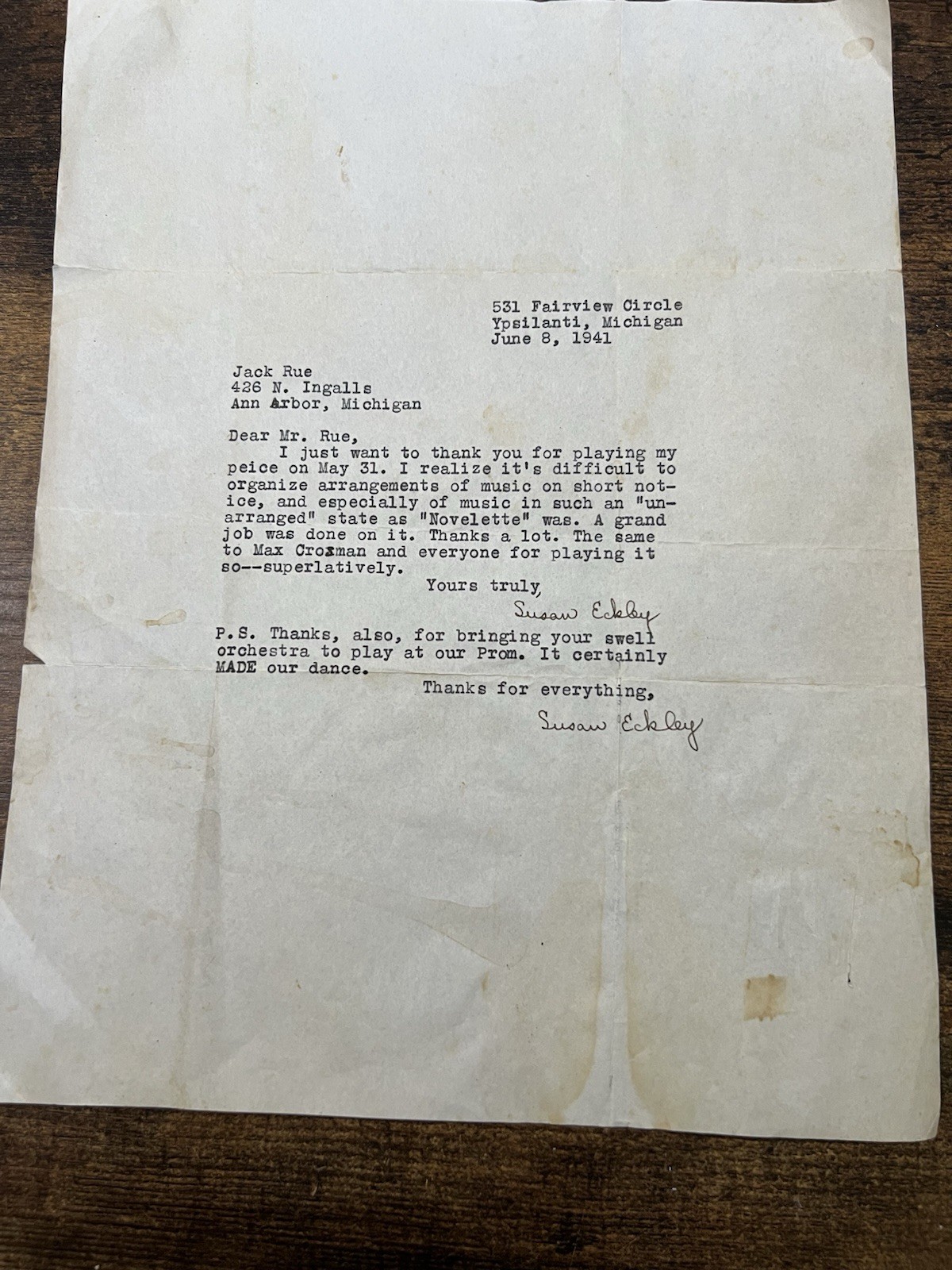 1941 Susan Eckley Signed Typed Letter Music Orchestra Prom Ann Arbor Michigan
