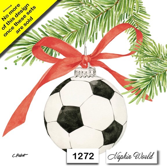(1272) TWO Paper LUNCHEON Decoupage Art Craft Napkins CHRISTMAS SOCCER ORNAMENT