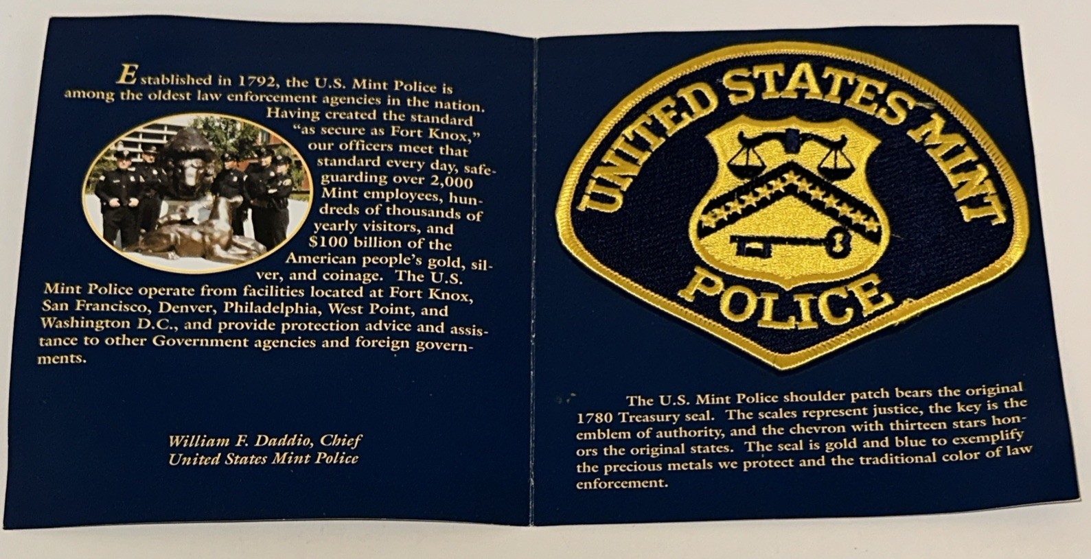 United States Mint Police Shoulder Patch With History Information Packet