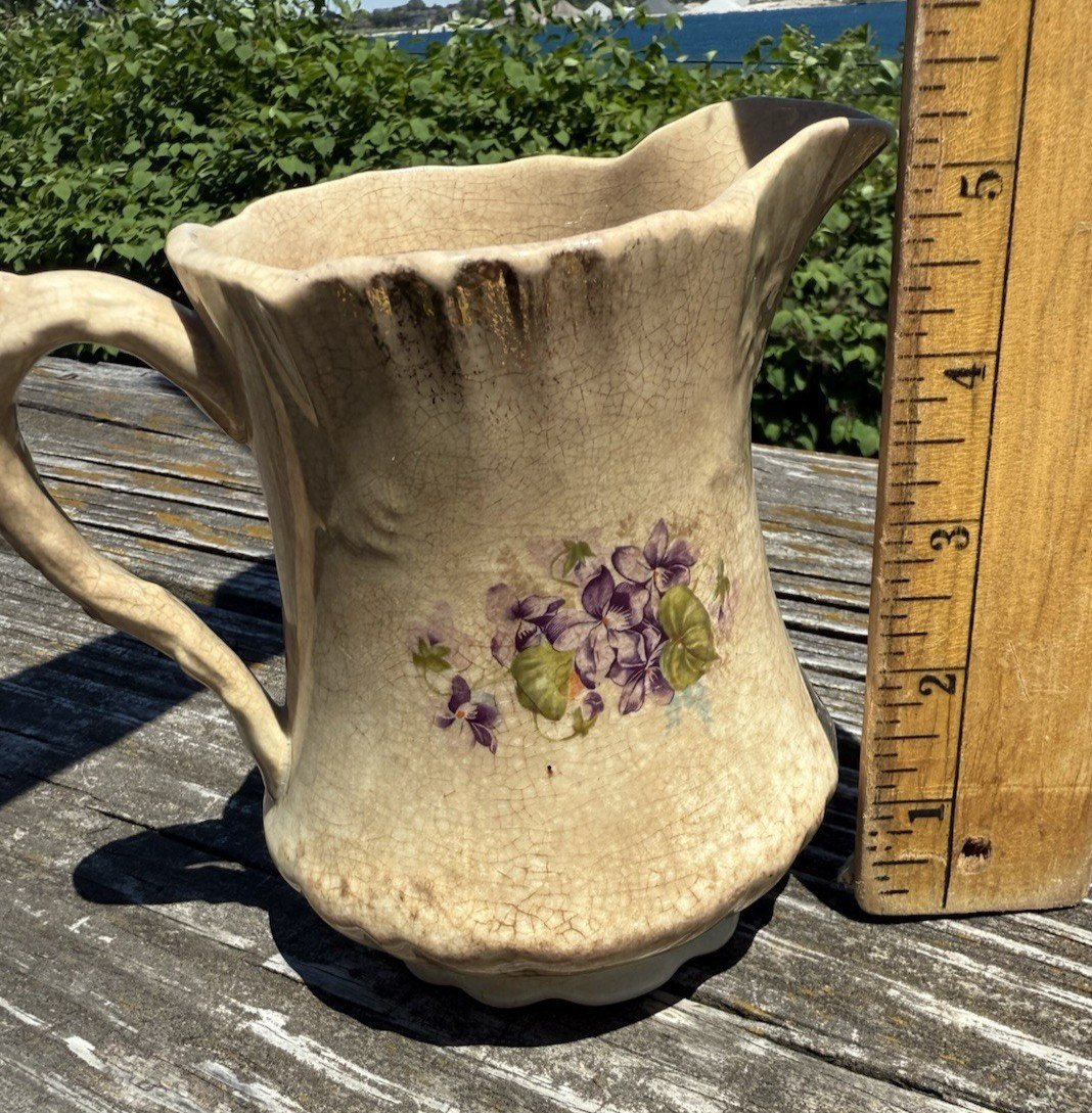 Stained Crazed White Ironstone Small Pitcher Printed Violets Mellor Etruria 5″
