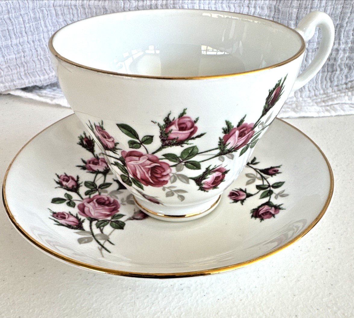 English Bone China Cup & Saucer Vintage White and Gold Pink Roses Hand Painted