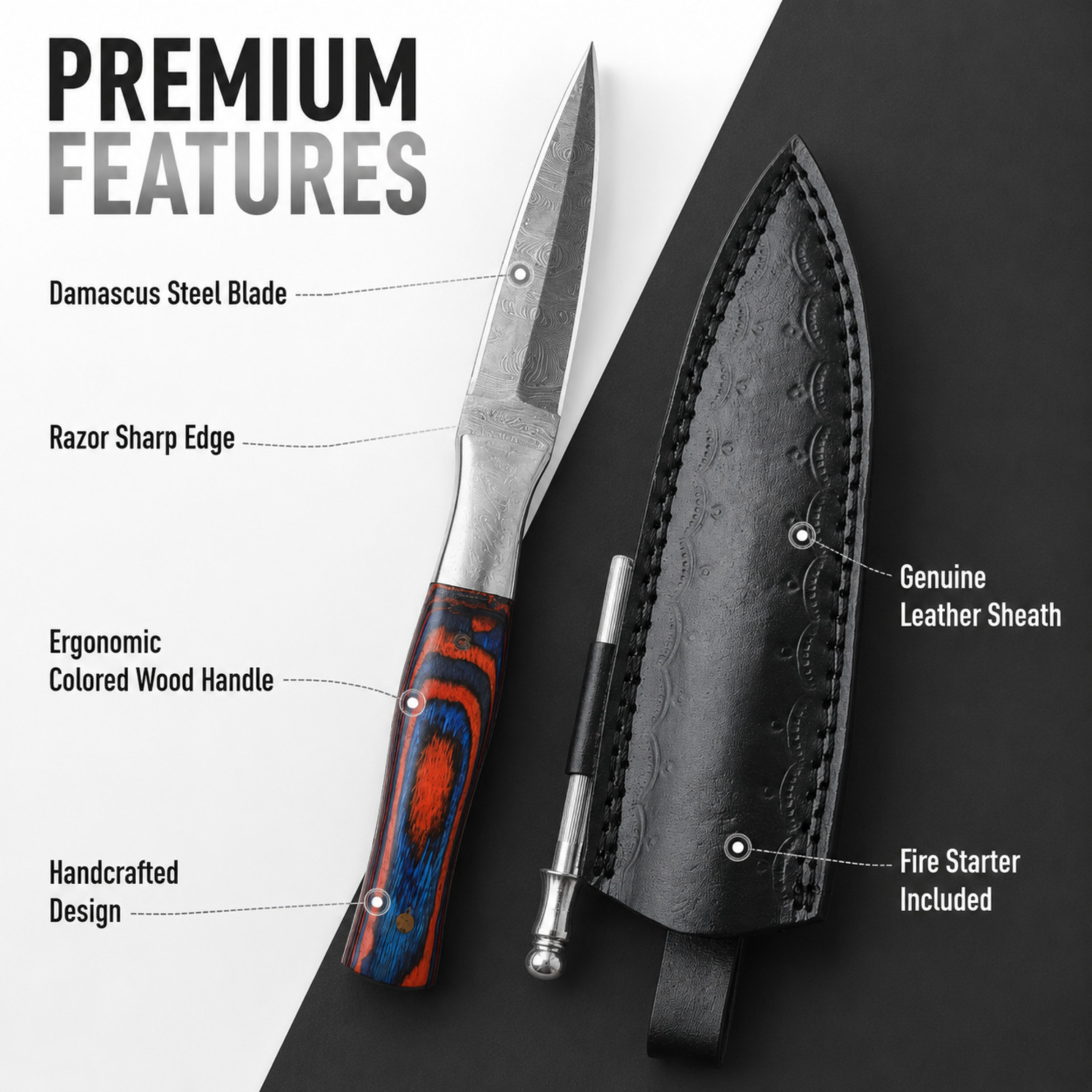 Hand Made Forged Damascus Steel Fix Blade Hunting Boot Knife Leather Shealth