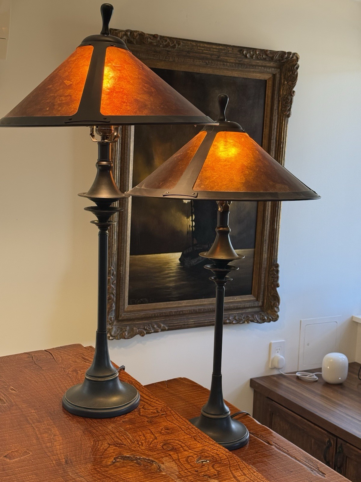 Arts & Crafts Mission Bronze Table Lamps Amber Mica Shades 23″ VTG