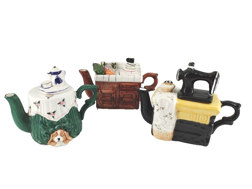 Vintage Novelty Ceramic Creamer Lot 3 Kitchen Sink Sewing Machine Coffee Pot Lid