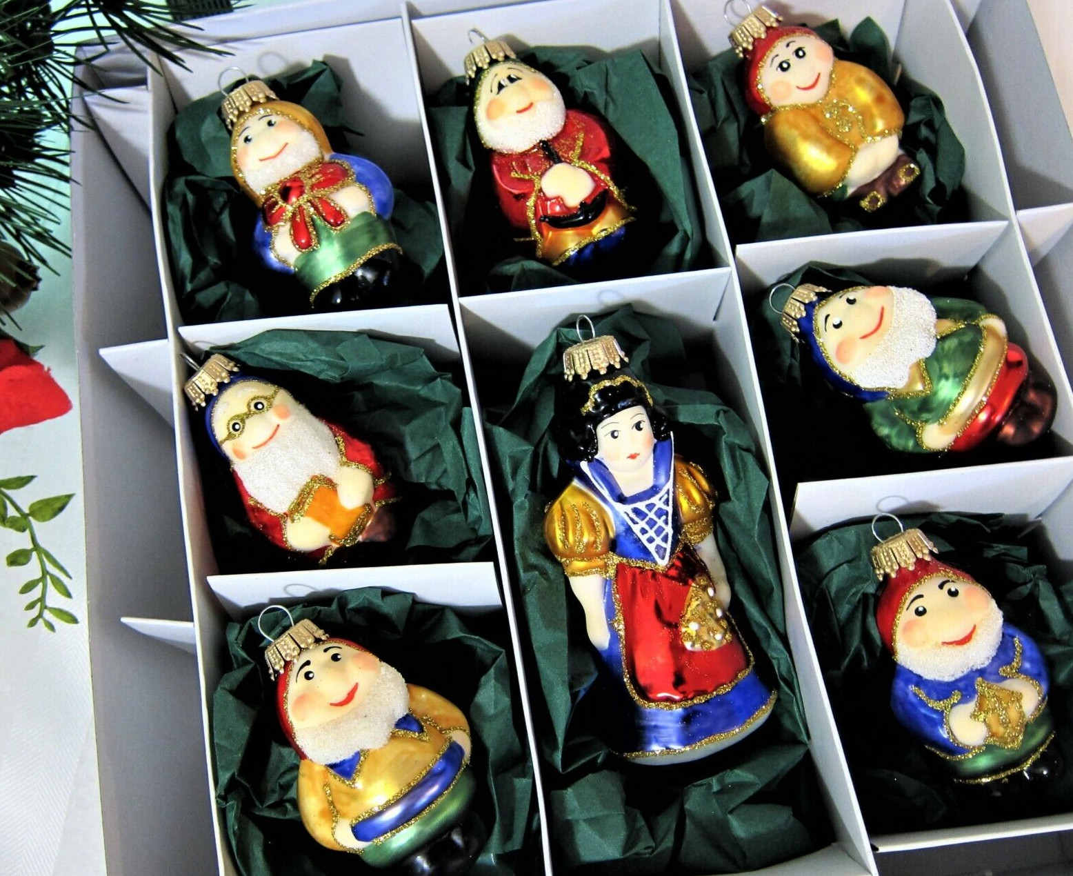 Disney Snow White 7 Dwarfs Hand-Blown Glass Ornaments Krebs Glas Lauscha Germany