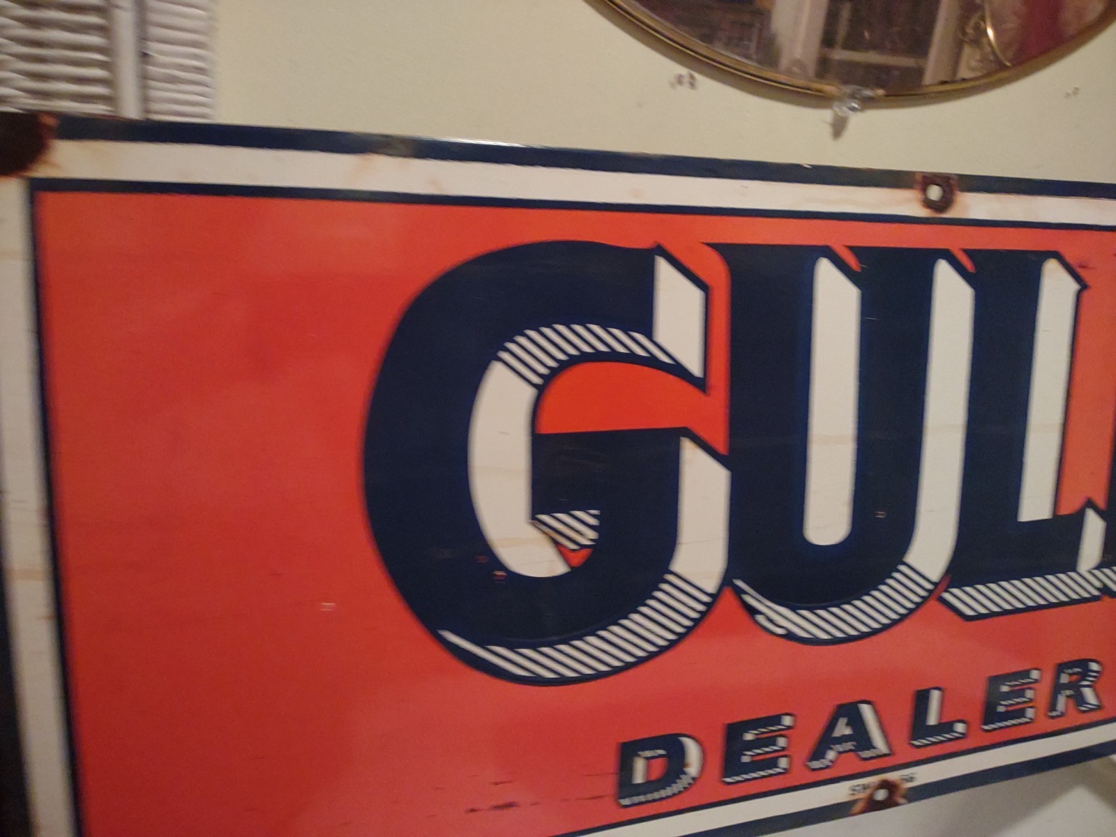 LARGE VINTAGE GULF MOTOR OIL PORCELAIN GAS OIL SERVICE STATION DEALER SIGN 3FT