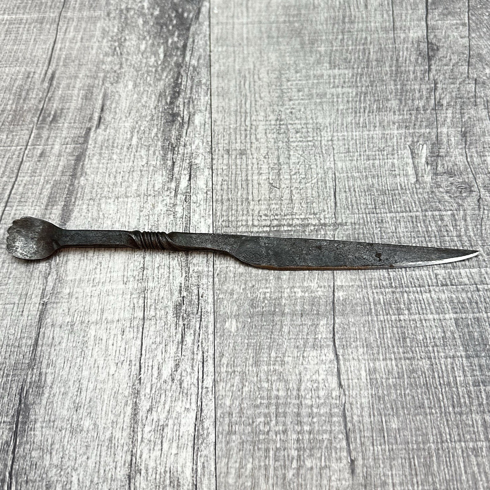 Antique Hand Forged Iron Knife Primitive Scroll Handle 9.5in Early American