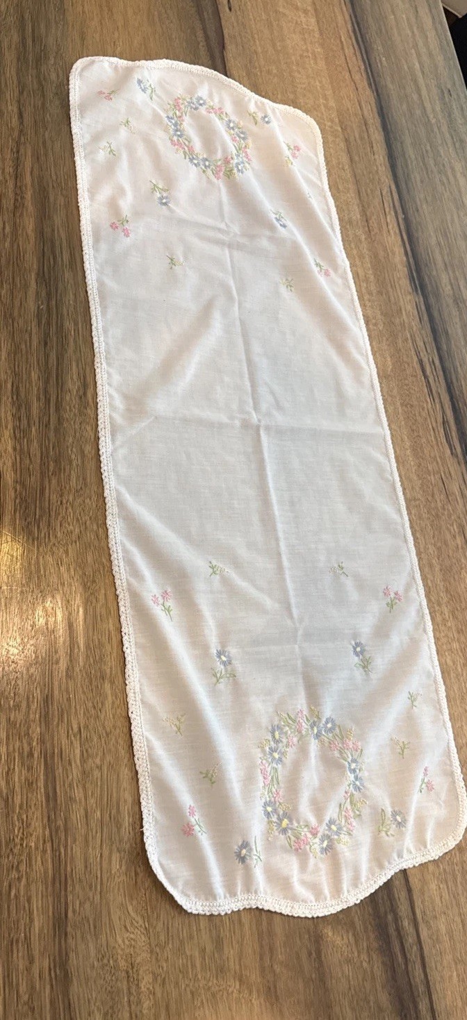 Hand Embroidered Cotton Table/Dresser Runner Floral 42×16” Rectangle PinkBlueYel