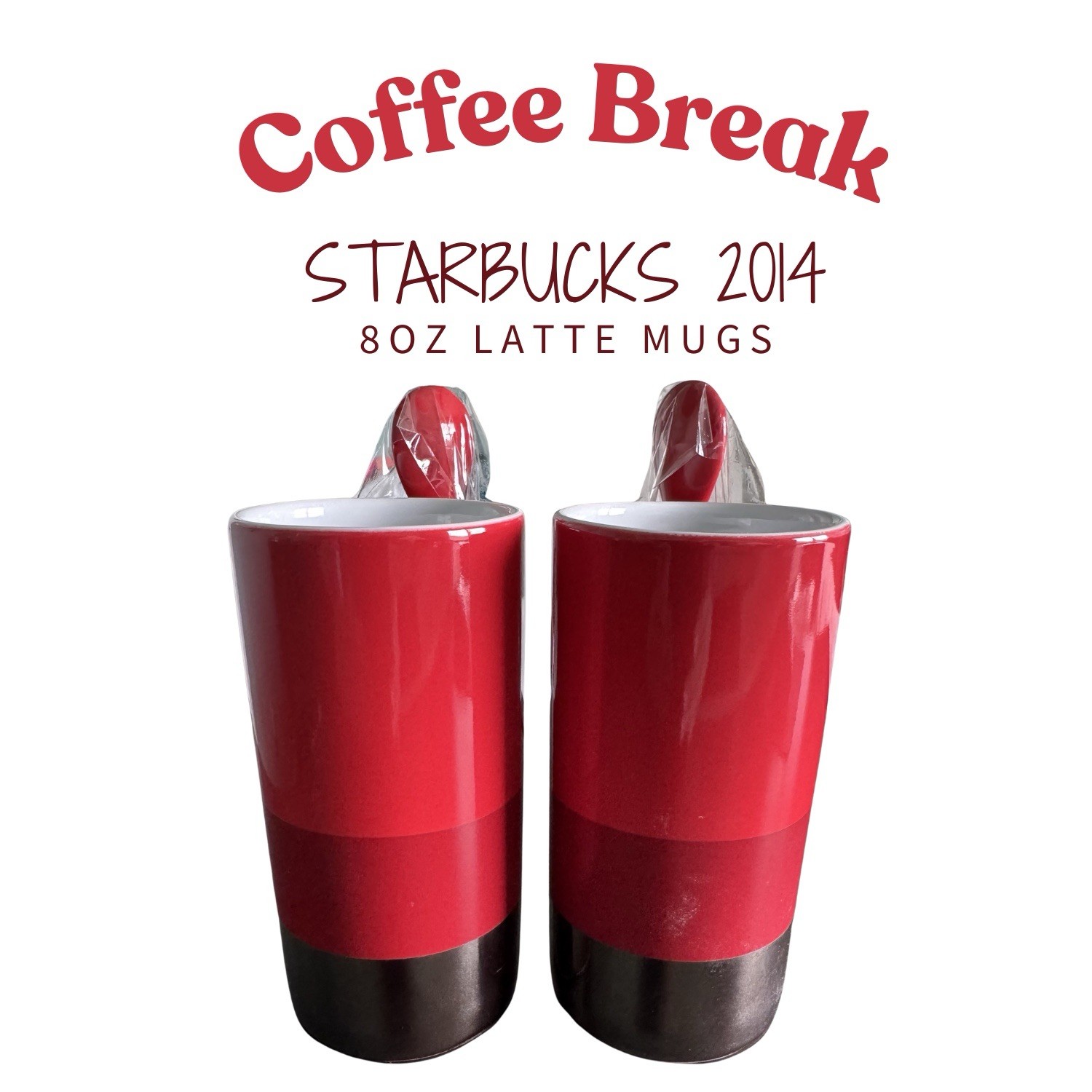 Starbucks 2014 Red Silver 8 oz Verismo Latte Mugs with Spoons Set of 2
